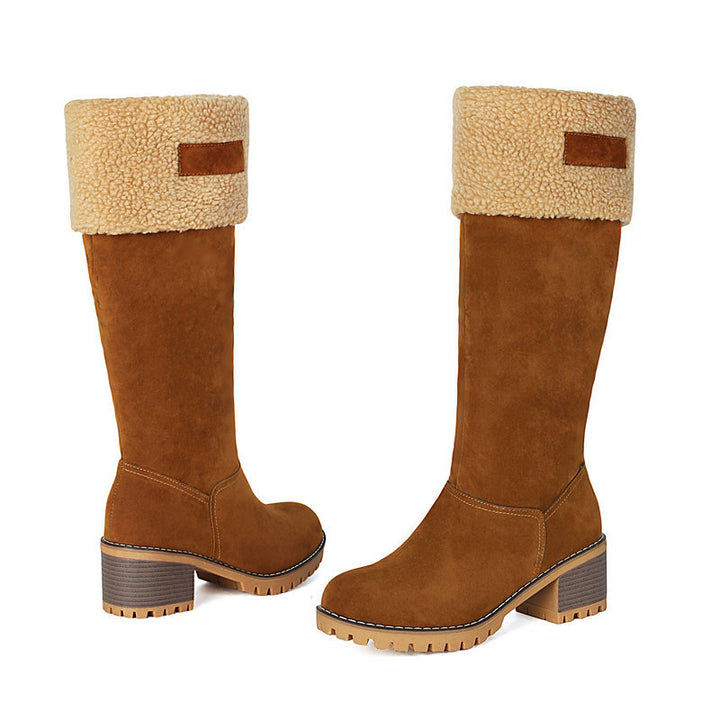 brown Women's Plush-Cuff Block-Heel Knee-High Boots