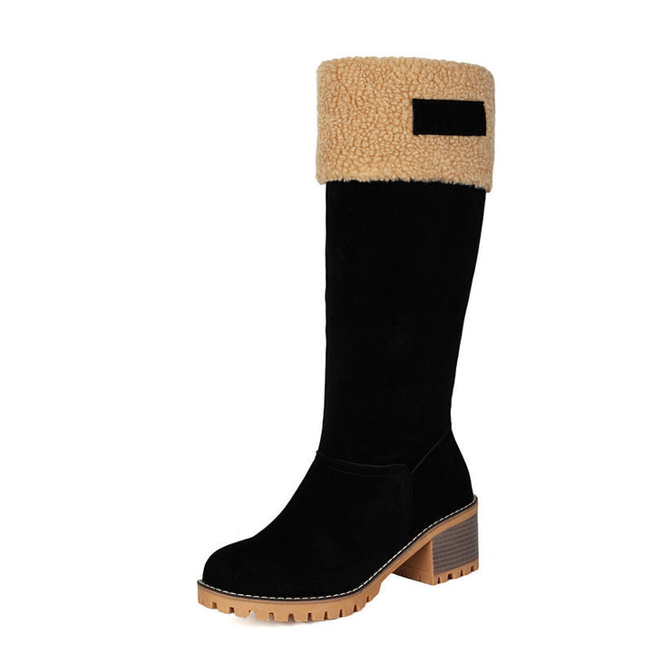 black Women's Plush-Cuff Block-Heel Knee-High Boots