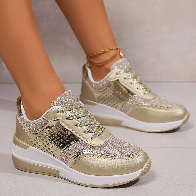 Women's Glitter Wedge Sneakers with Studded Panels