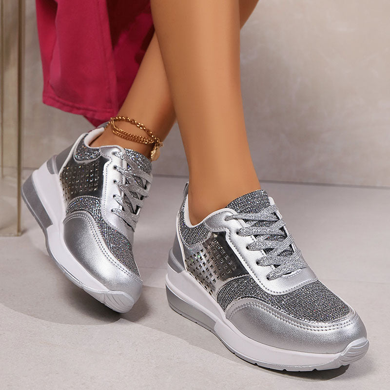 Women's Glitter Wedge Sneakers with Studded Panels