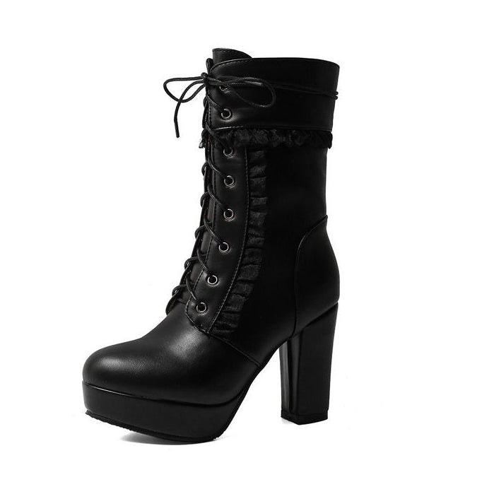 Women's Ruffle-Trim Lace-Up Platform Mid-Calf Boots