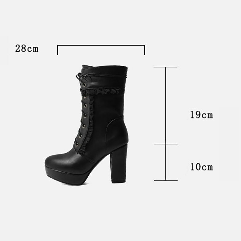 Women's Ruffle-Trim Lace-Up Platform Mid-Calf Boots