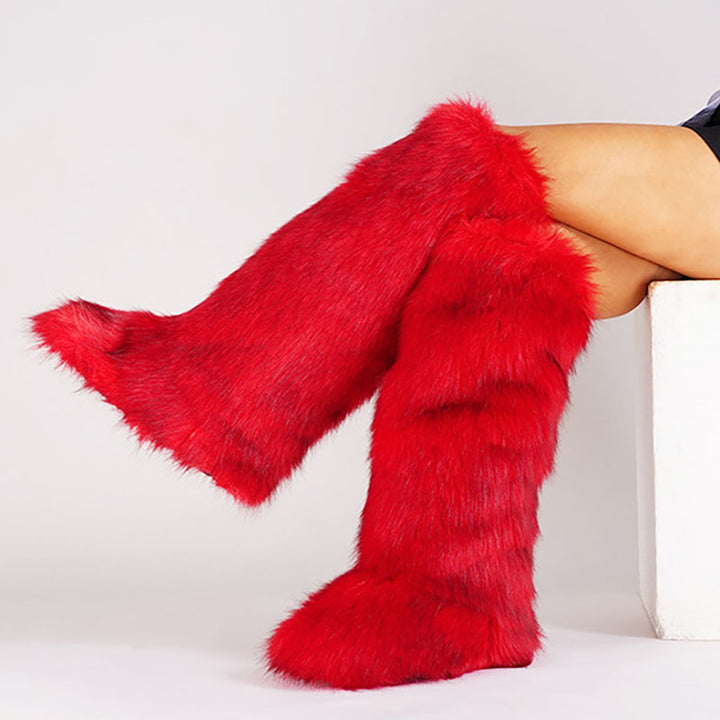 red Women’s Long Faux Fur Knee-High Boots