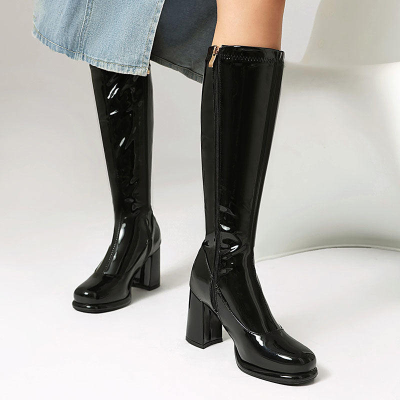 black Women’s Glossy Block-Heel Knee-High Boots