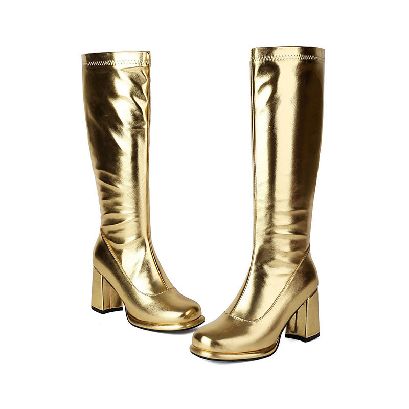 gold Women’s Glossy Block-Heel Knee-High Boots