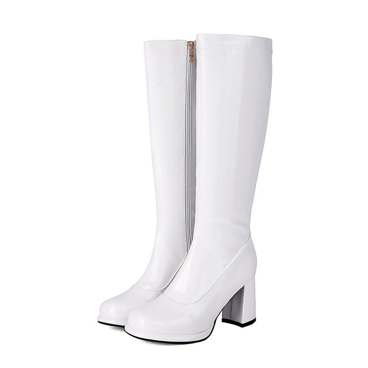 white Women’s Glossy Block-Heel Knee-High Boots
