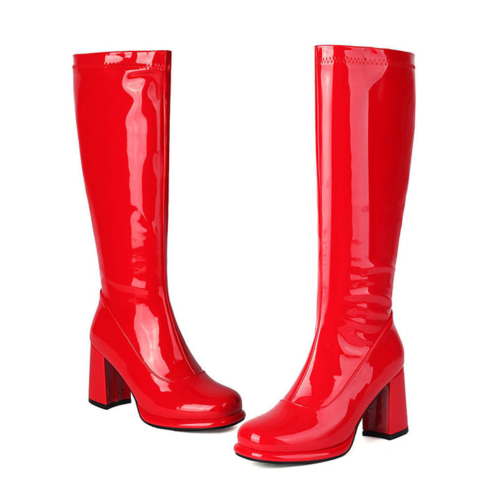 red Women’s Glossy Block-Heel Knee-High Boots