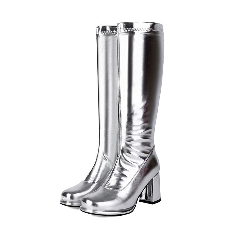 silver Women’s Glossy Block-Heel Knee-High Boots