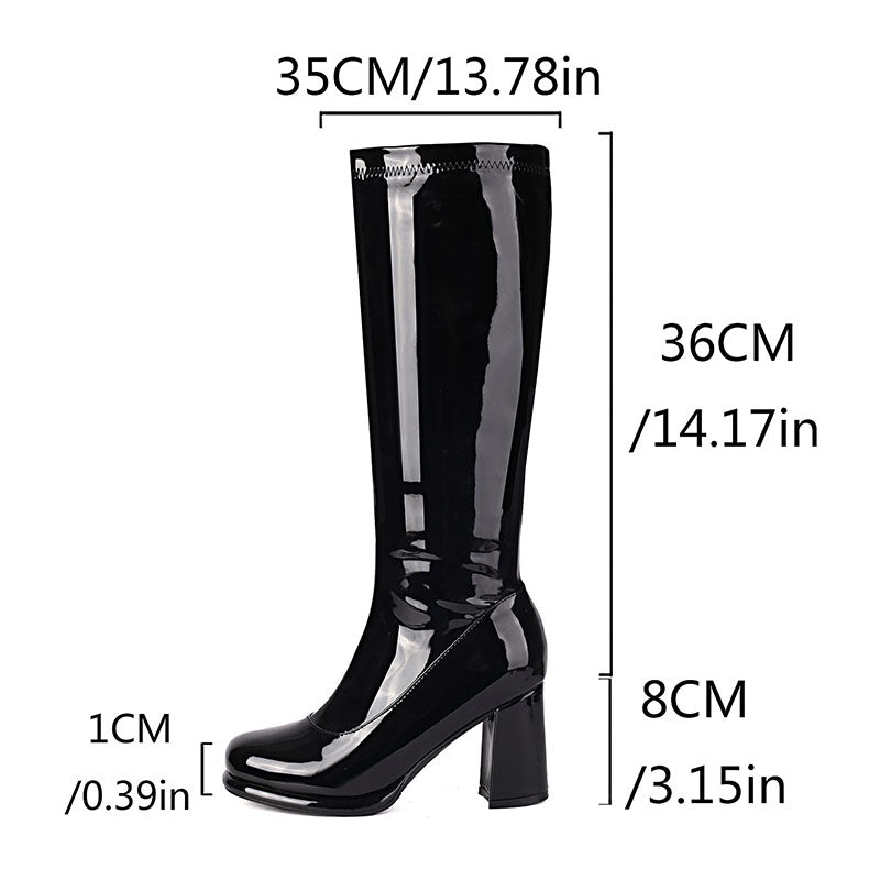 black Women’s Glossy Block-Heel Knee-High Boots