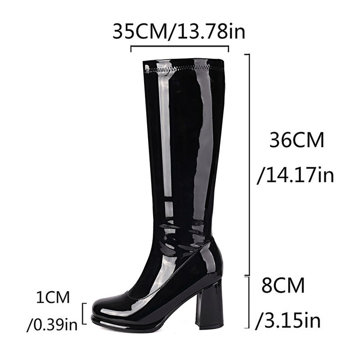 black Women’s Glossy Block-Heel Knee-High Boots