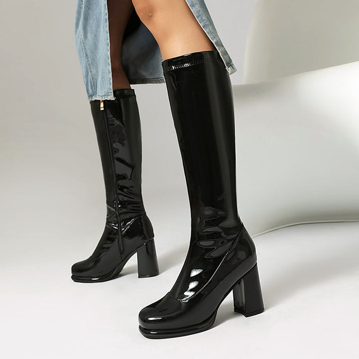 Women’s Glossy Block-Heel Knee-High Boots