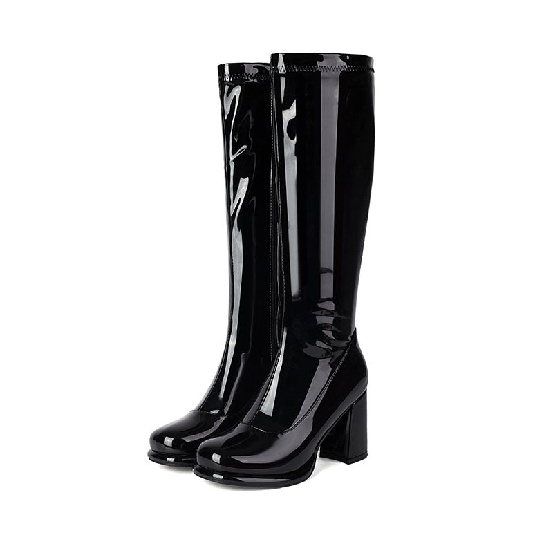 black Women’s Glossy Block-Heel Knee-High Boots