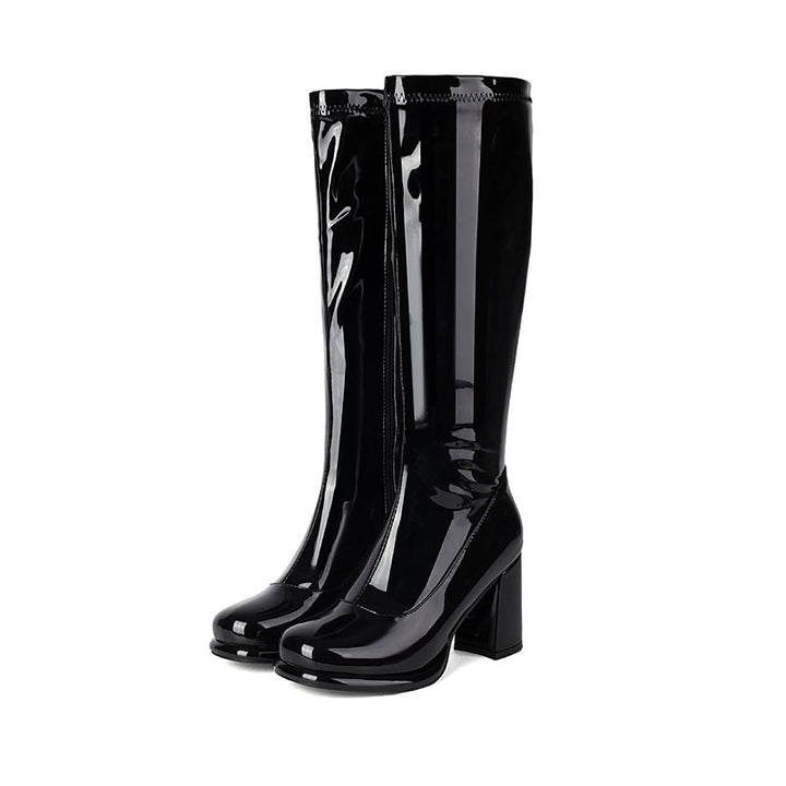 black Women’s Glossy Block-Heel Knee-High Boots