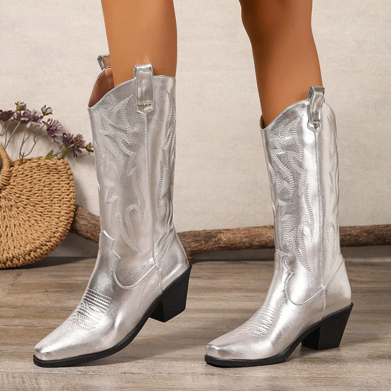 silver Women's Metallic Mid-high Cowboy Boots For Music Festival/Live House Party/Clubbing