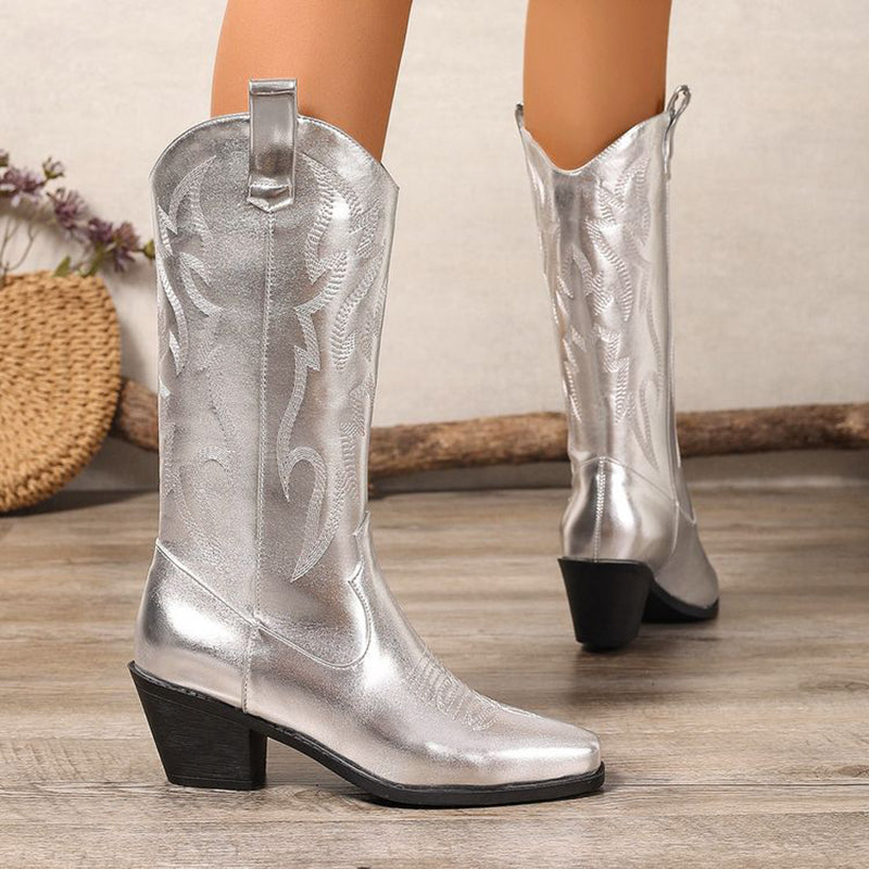 silver Women's Metallic Mid-high Cowboy Boots For Music Festival/Live House Party/Clubbing