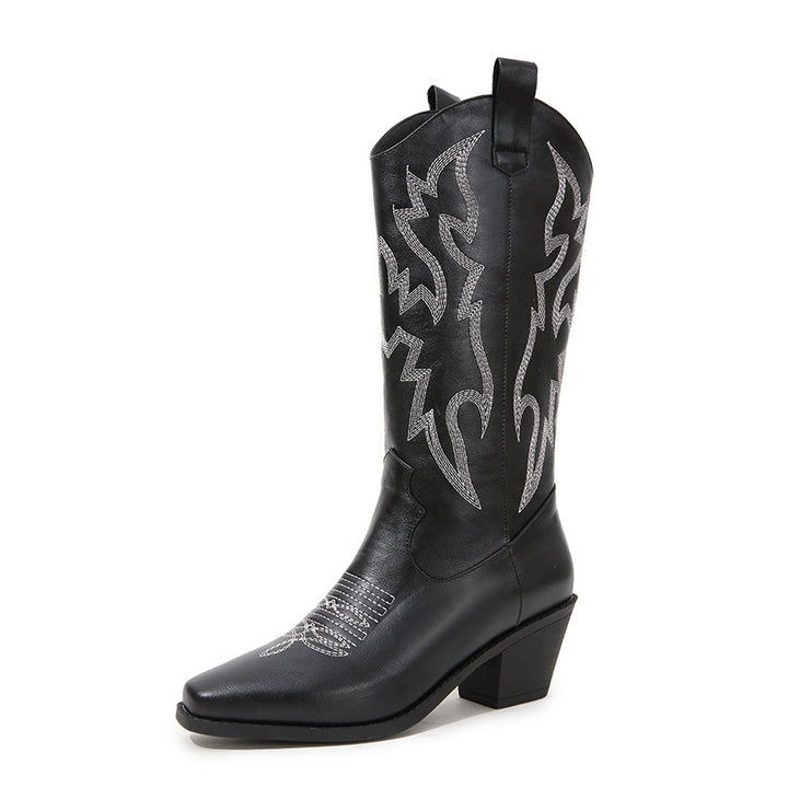 black Women's Metallic Mid-high Cowboy Boots For Music Festival/Live House Party/Clubbing