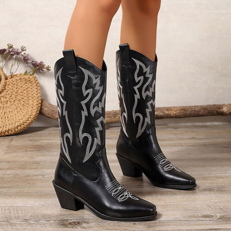 black Women's Metallic Mid-high Cowboy Boots For Music Festival/Live House Party/Clubbing