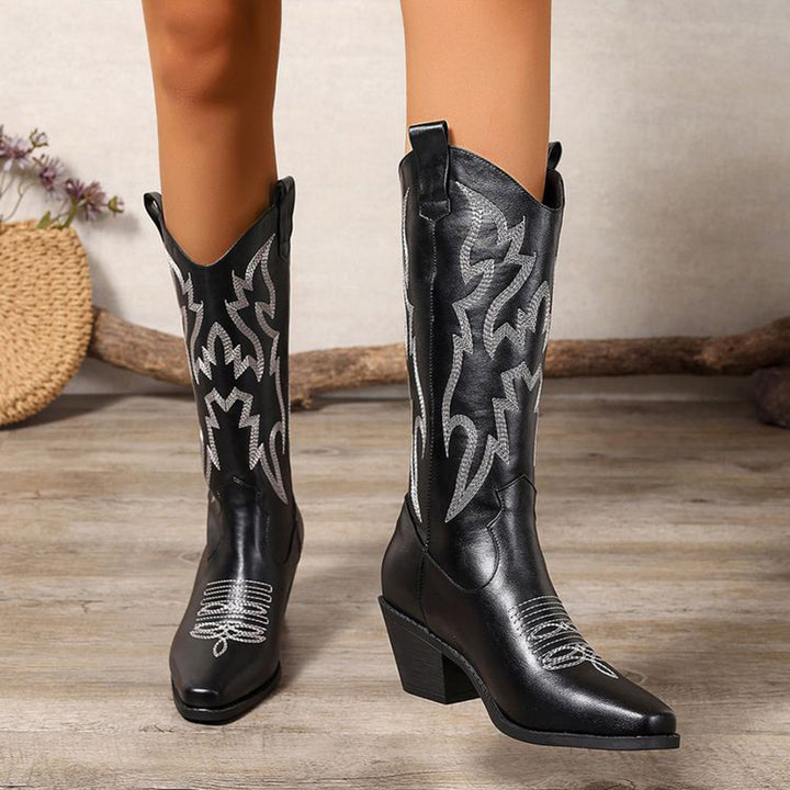 black Women's Metallic Mid-high Cowboy Boots For Music Festival/Live House Party/Clubbing