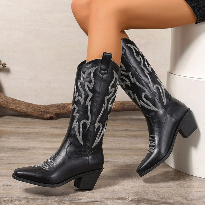 black Women's Metallic Mid-high Cowboy Boots For Music Festival/Live House Party/Clubbing