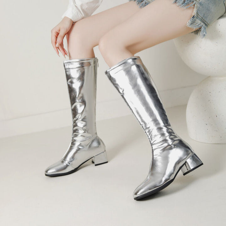 silver Women's Metallic Square-Toe Knee-High Boots