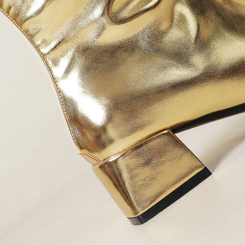 gold Women's Metallic Square-Toe Knee-High Boots