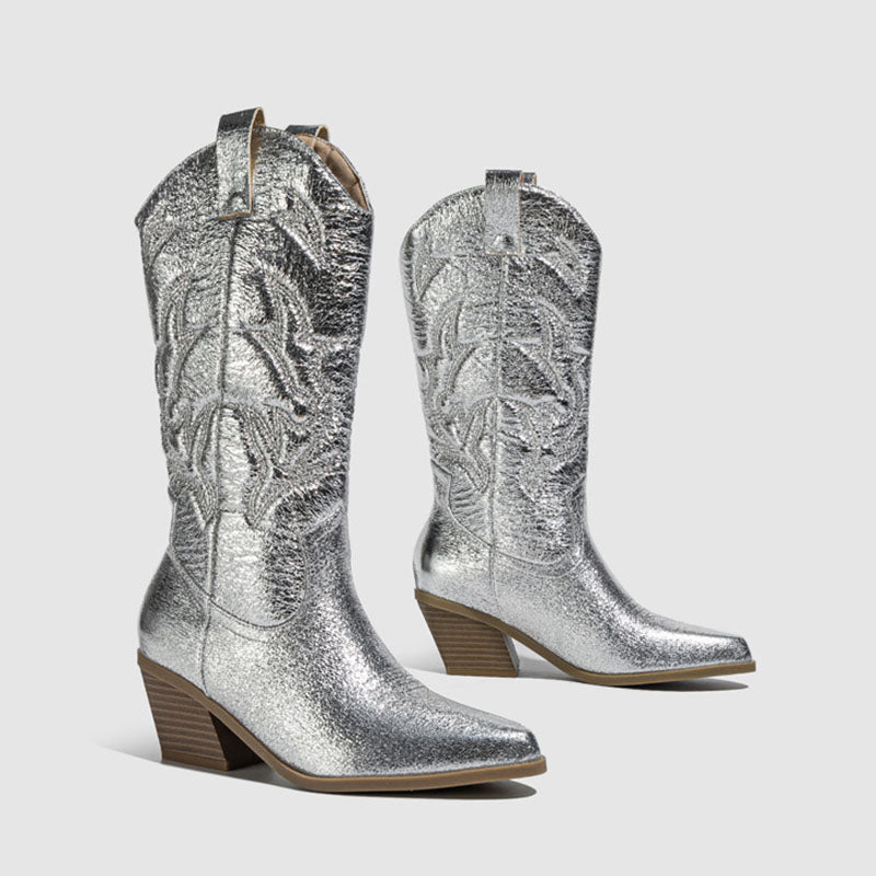 silver Women’s Metallic Embroidered Cowboy Boots