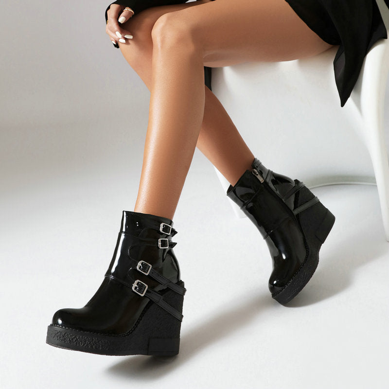 Women's Multi-Buckle Platform Wedge Ankle Boots