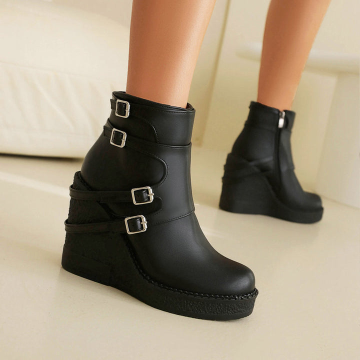 Women's Multi-Buckle Platform Wedge Ankle Boots