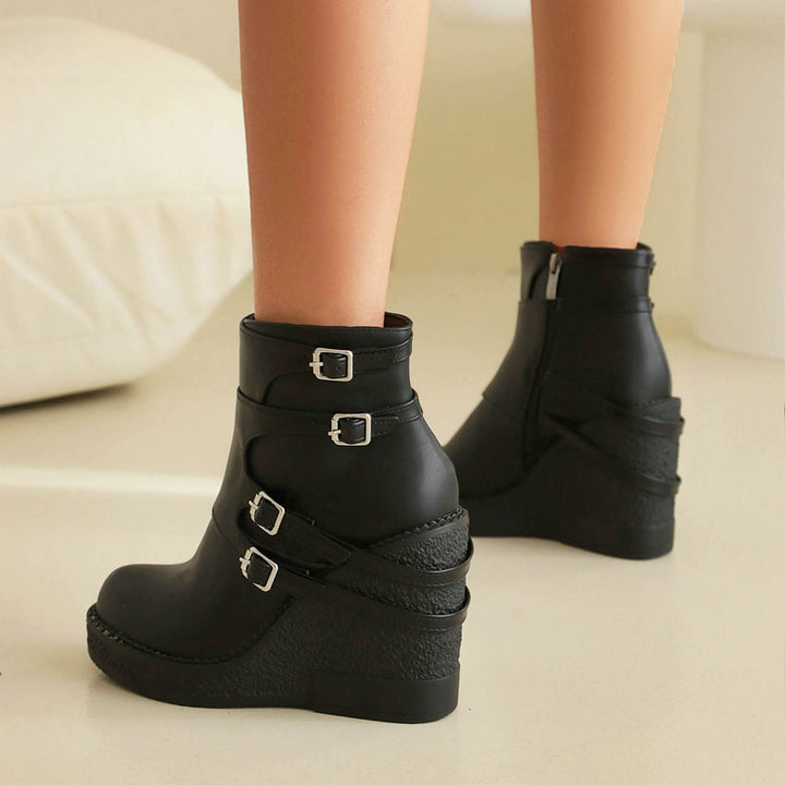 Women's Multi-Buckle Platform Wedge Ankle Boots