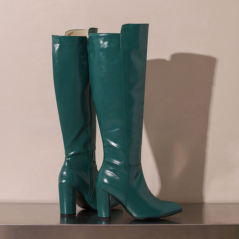 green Women's PU patent leather high heels knee high boots