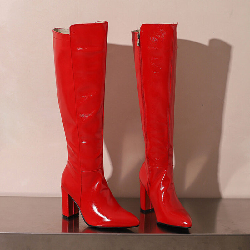 red Women's PU patent leather high heels knee high boots