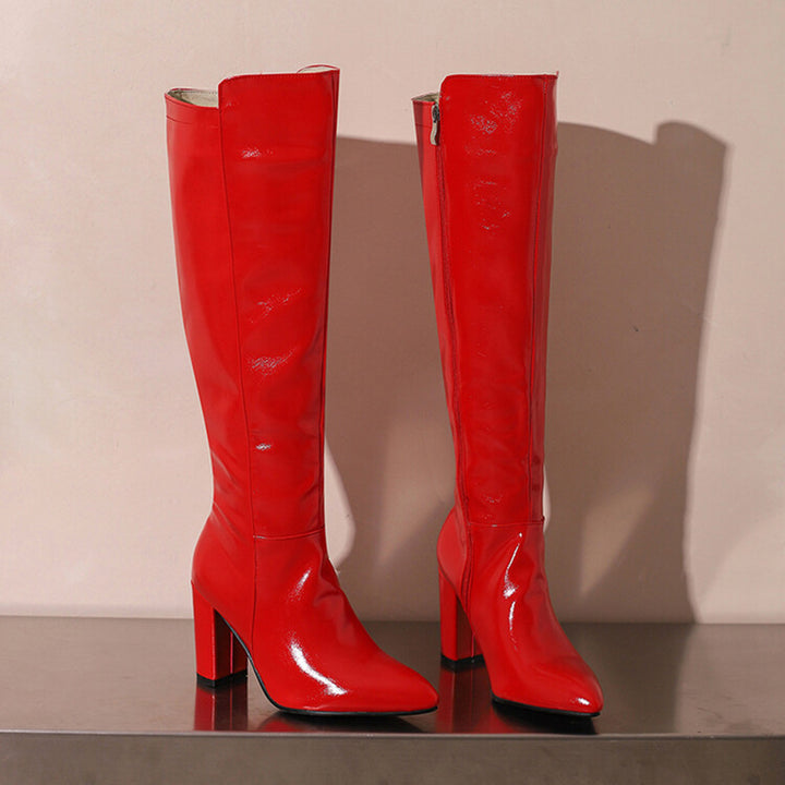 red Women's PU patent leather high heels knee high boots