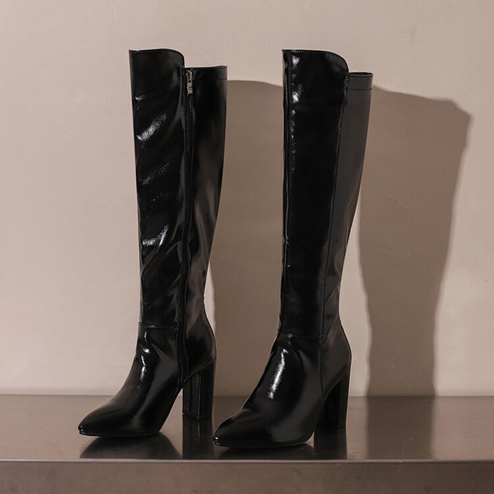 black Women's PU patent leather high heels knee high boots