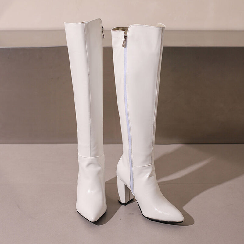 white Women's PU patent leather high heels knee high boots