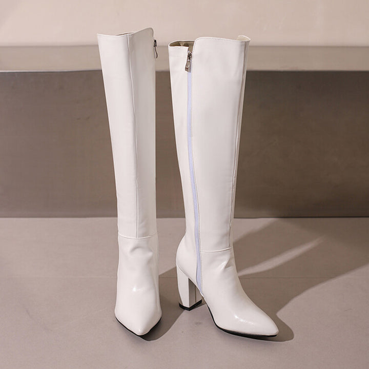 white Women's PU patent leather high heels knee high boots