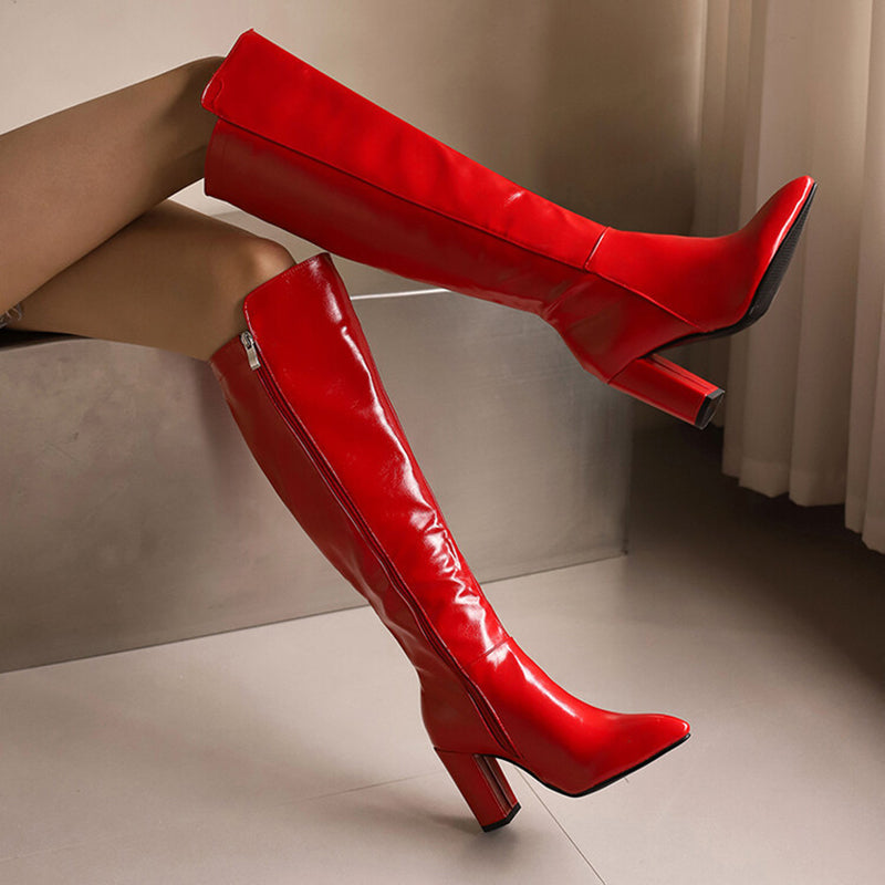 red Women's PU patent leather high heels knee high boots