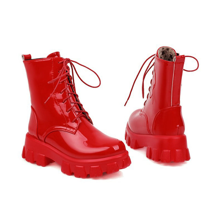 red Women's PU patent leather platform combat boots