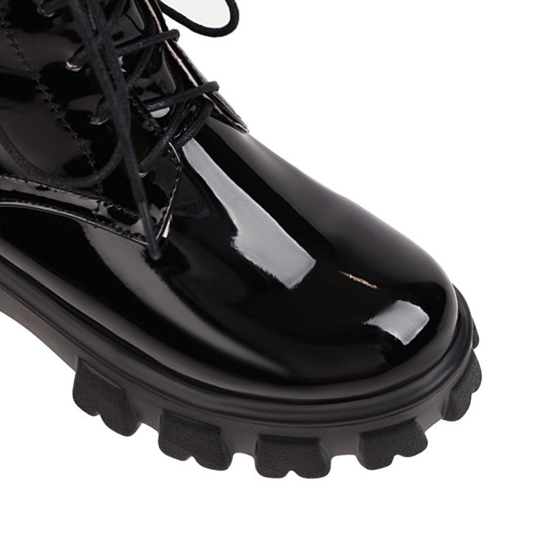 black Women's PU patent leather platform combat boots