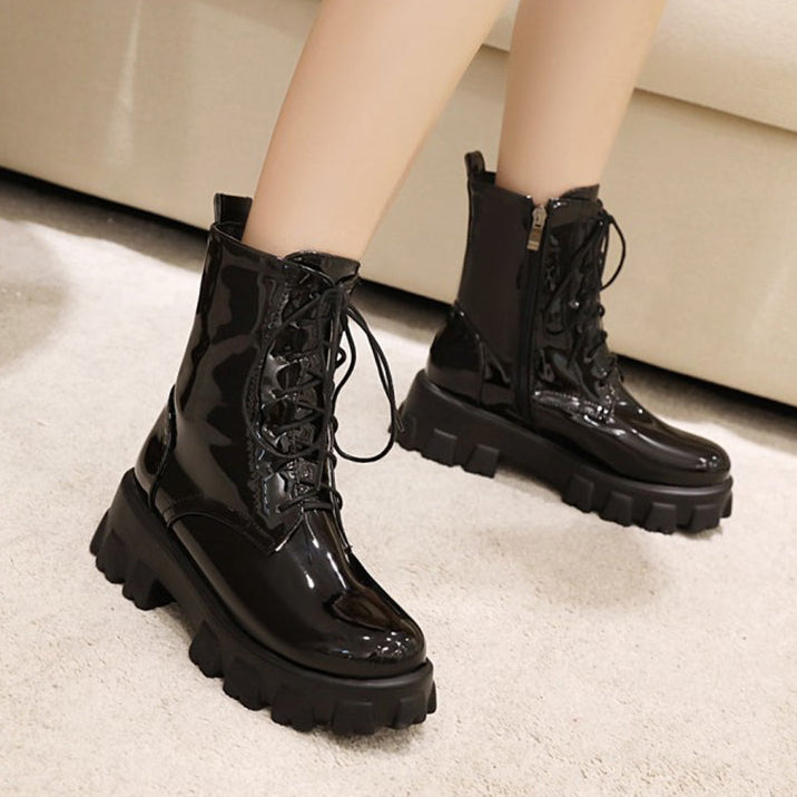 Women's PU patent leather platform combat boots