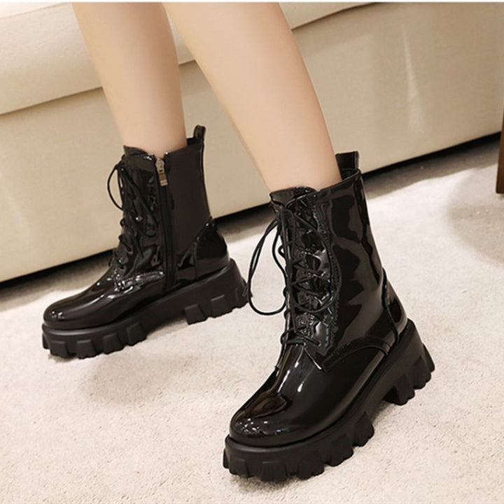 black Women's PU patent leather platform combat boots