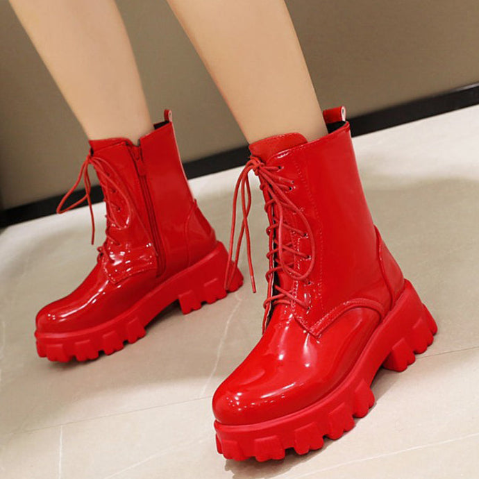 Women's PU patent leather platform combat boots