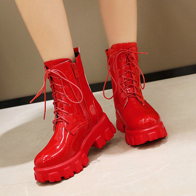 red Women's PU patent leather platform combat boots