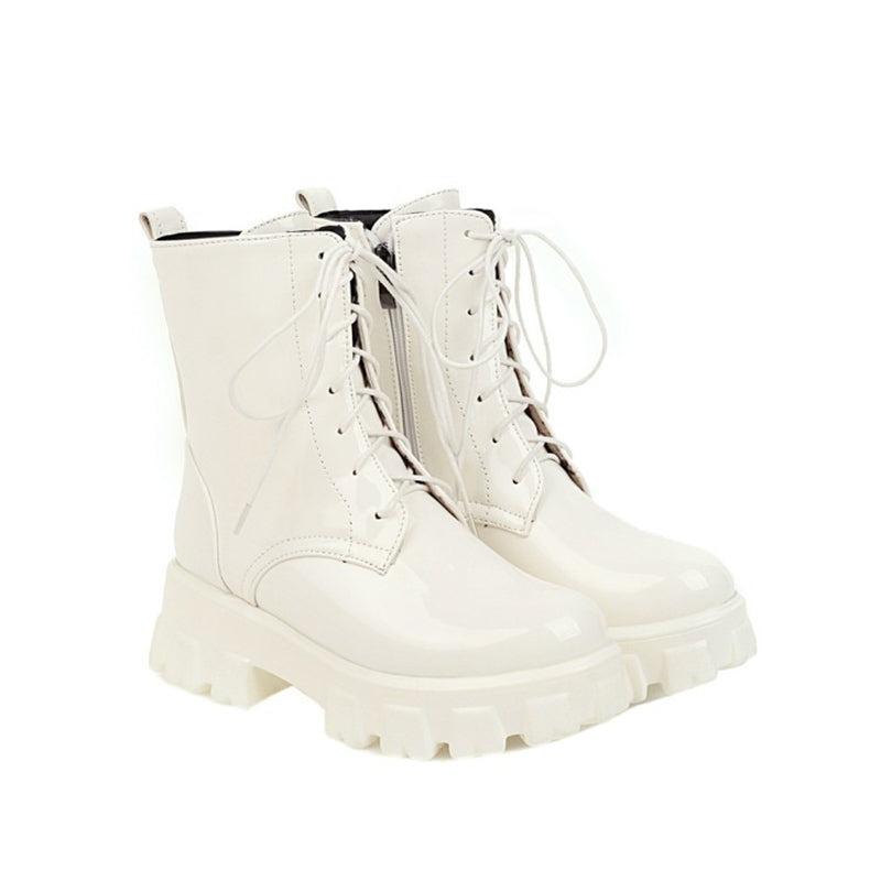 white Women's PU patent leather platform combat boots