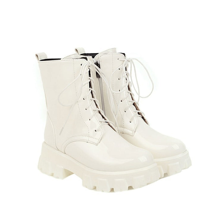 white Women's PU patent leather platform combat boots