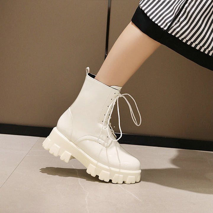 white Women's PU patent leather platform combat boots