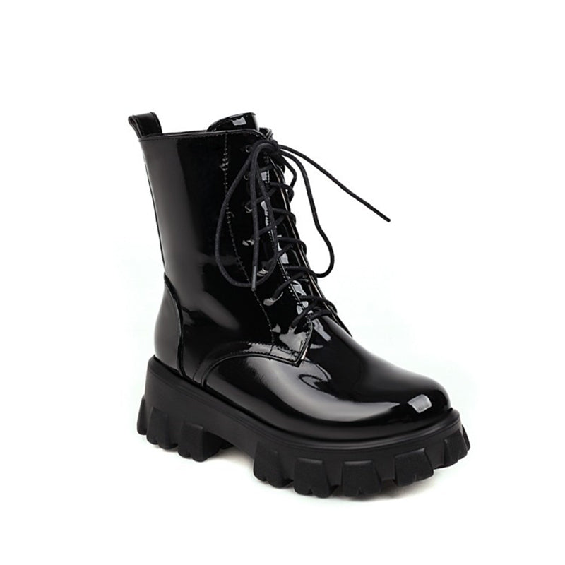 black Women's PU patent leather platform combat boots