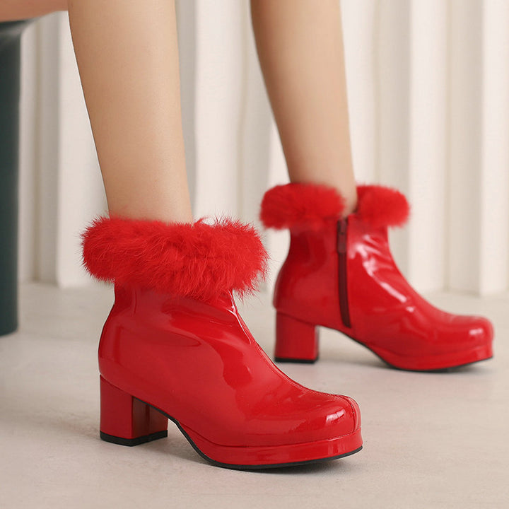 red Women's Glossy Fur-Cuff Platform Ankle Boots