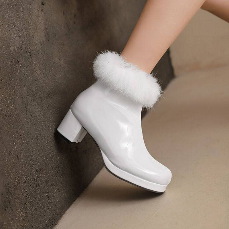 white Women's Glossy Fur-Cuff Platform Ankle Boots