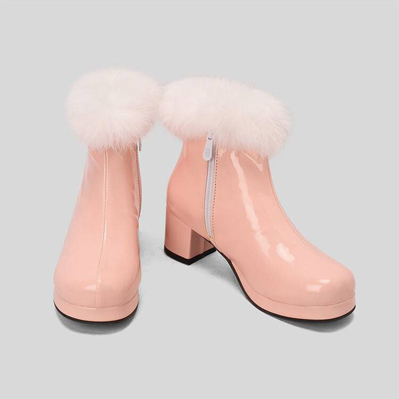 pink Women's Glossy Fur-Cuff Platform Ankle Boots