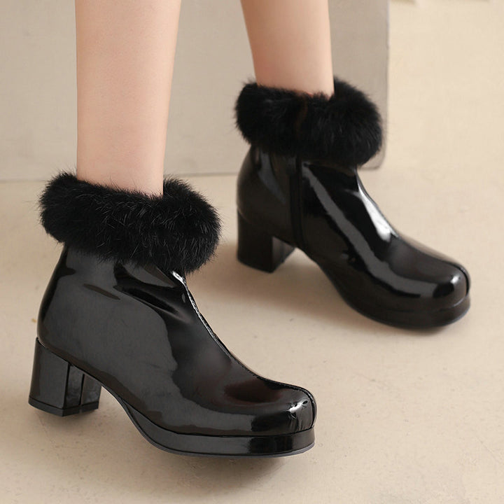 Women's Glossy Fur-Cuff Platform Ankle Boots